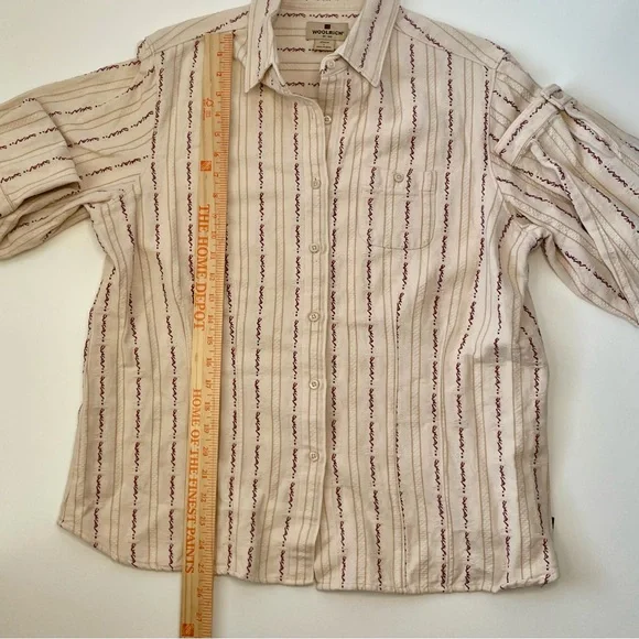 Vtg Woolrich Women’s Cream Burgundy/Red Tan Striped Cotton Button-Up Shirt Sz L - Picture 12 of 15